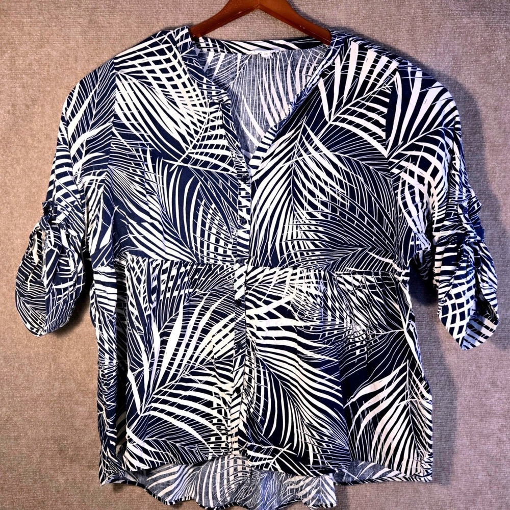 Panama Jack Womens 3X Linen Blend Tropical Palm Print Button Up Peplum Top Navy‎